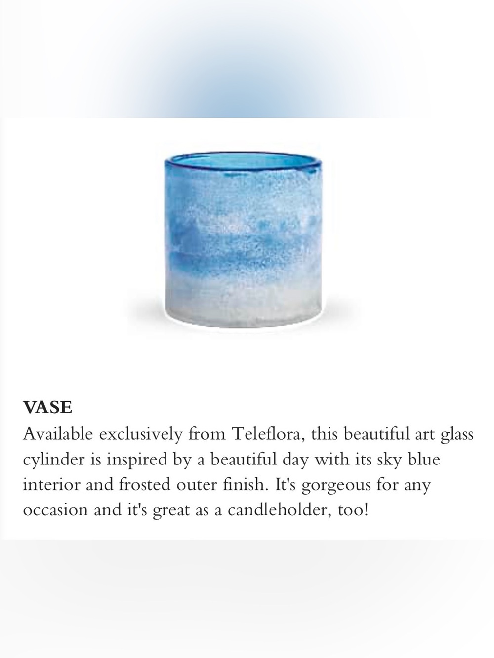 teleflora frosted,hand-blown,art glass vase/Blue Skies Color Frost Art cylinder